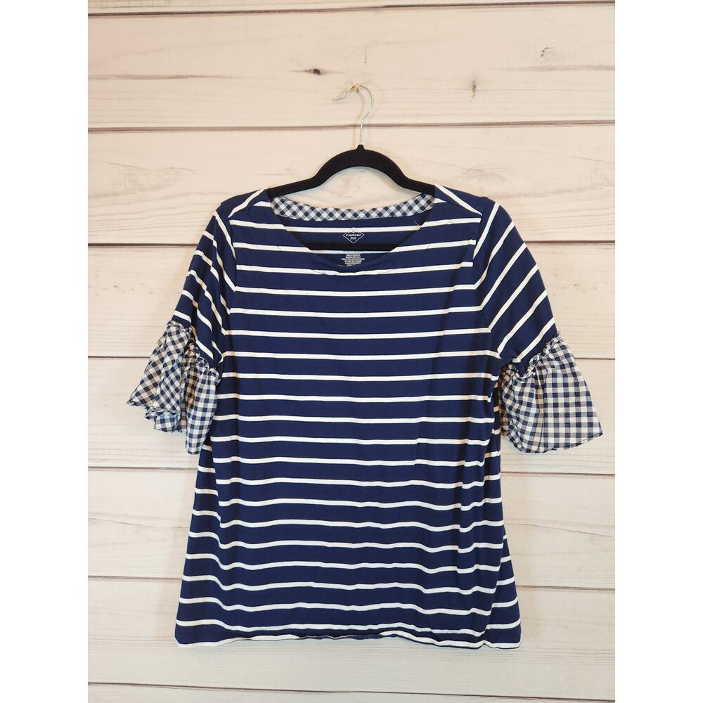 St. John’s Bay Navy and White Striped Top with Gingham Ruffle Sleeves